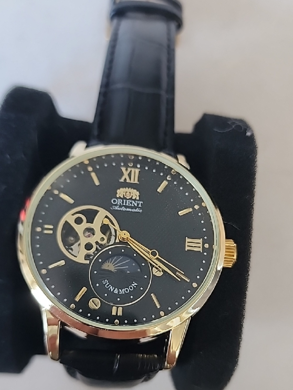 Orient Automatic Black & Gold Sun & Moon Men's Leather Watch